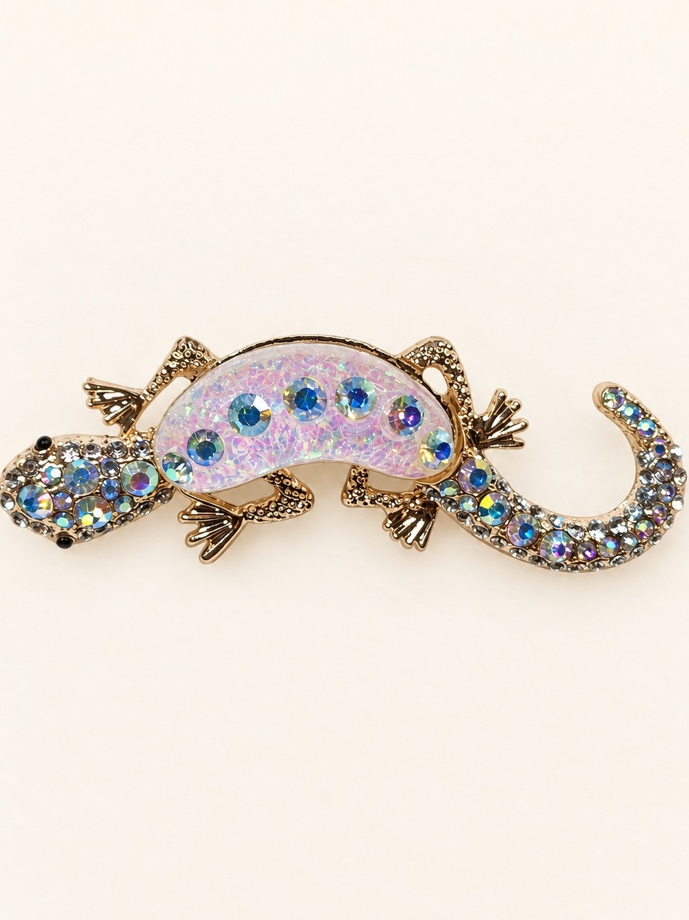 Crystal Gecko Reptile Brooch Pin in Iridescent Pink and Blue